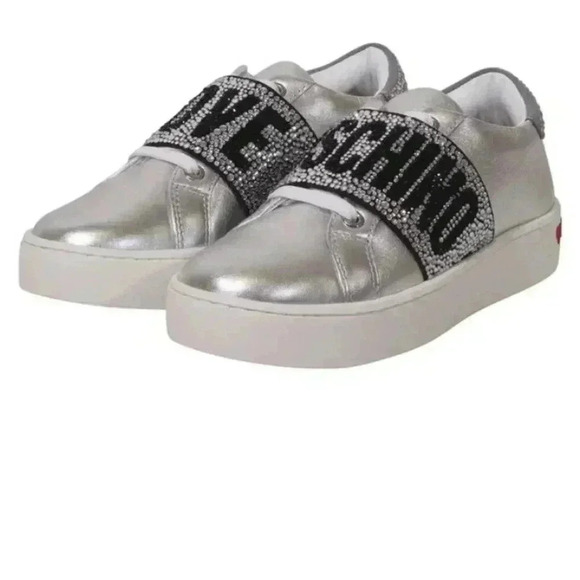 Love Moschino Women's Metallic Leather Crystal Band Sneakers Silver 41 preloved - Picture 1 of 6